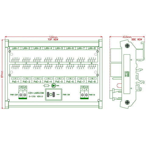 Diagram of a DIN Rail 8 Port Passive PoE Injector Module With RJ45 Power Over Ethernet For APs, Cams, and VoIP Phones