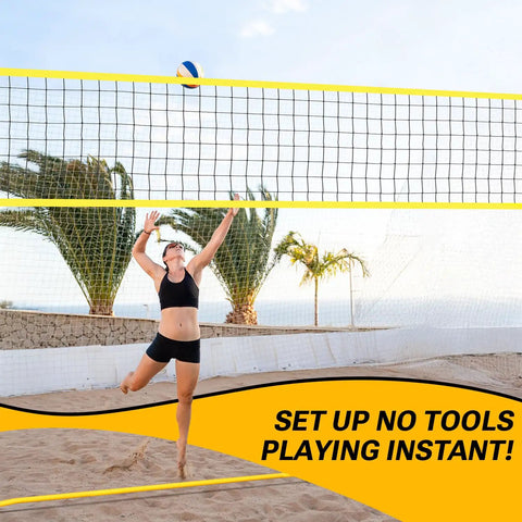Game Ready Portable Volleyball Net Set 12x8 Ft With Four Height Levels From 5.05 To 8 Feet setup on the beach