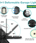 Diagrams of Ultra Bright 4 Pack 180W Led Garage Lights 36000LM with E26 E27 Base Deformable 10 Plus 1 Panel design.