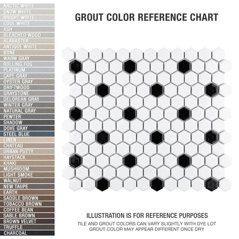 Glossy White 1-Inch Hex Porcelain Mosaic Tile With Black Dot For Floor And Wall Use Slick Mesh Mounted grout color chart
