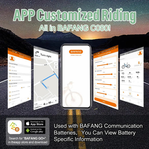 App display for Can Protocol E Bike Display DPC080 1.9 Inch TFT Screen showcasing riding features and BAFANG compatibility.