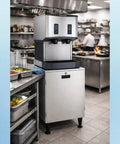 No Drama Countertop Nugget Ice Maker And Water Dispenser With Easy Push Controls in a busy commercial kitchen setting.