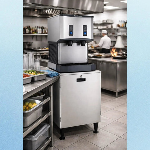 No Drama Countertop Nugget Ice Maker And Water Dispenser With Easy Push Controls in a busy commercial kitchen setting.