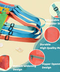 Mesh Beach Bags For Shells Collecting 4 Pack with adjustable straps, durable mesh, zipper opening, and colorful design for beach fun.