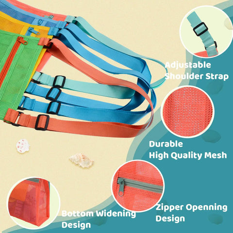 Mesh Beach Bags For Shells Collecting 4 Pack with adjustable straps, durable mesh, zipper opening, and colorful design for beach fun.