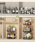Before and after using 10 Inch Lazy Susan Turntable Organizer 2 Tier Round Rotating Spice Rack for organized spice storage.