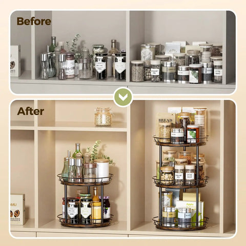 Before and after using 10 Inch Lazy Susan Turntable Organizer 2 Tier Round Rotating Spice Rack for organized spice storage.