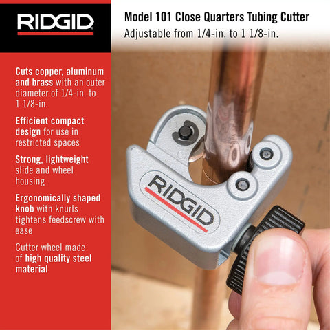 Close Quarters Tubing Cutter for Tight Spaces, 1/4 Inch to 1-1/8 Inch Tube Size, Cuts Copper, Aluminum, Brass and More, Compact, Durable, Handy for Plumbers, Silver Finish