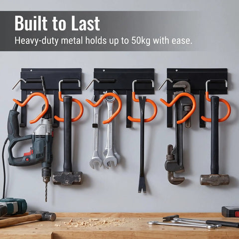 16 Inch Beefy Heavy Duty Metal Wall Mount Garden Tool Organizer with adjustable hooks holding tools in a garage.