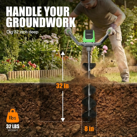 Person using 40V Brushless Cordless Auger Post Hole Digger With 8 Inch Bit 2 Speed And Reverse Delivers Beast Torque At 90 Nm