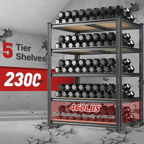 72.05 Inch Tall Heavy Duty Garage Shelving Unit Built Tough With 2300 Lb Capacity Steel Frame No Collapse Design Stable Shelves For Garage Basement Or Pantry Storage And Organization. 5-tier steel rack with dumbbell storage