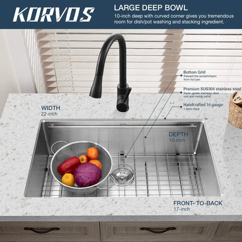 Undermount Workstation Sink 24 Inch 16 Gauge SUS304 Stainless Steel Single Bowl Bar Kitchen Sink with vegetables in grid.