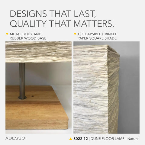 Three Light Floor Lamp With Natural Wood Base And Satin Steel Accents, Crinkle Paper Shade, Dimmable Brightness Detail View