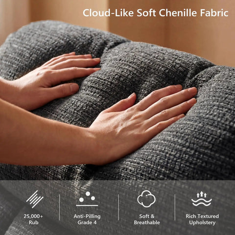 Hands touching cloud-like soft chenille fabric on Electric Recliner Sofa Couch With Power Recline, 3 Seater Loveseat in gray