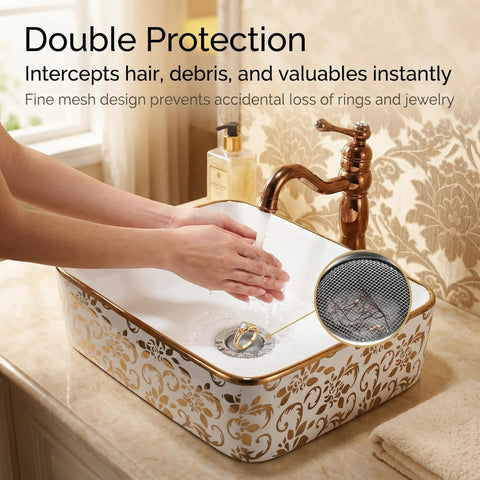 Two Pack Stainless Steel Hair Catchers For 1.50 Inch Drains in use in ornate bathroom sink preventing jewelry loss.