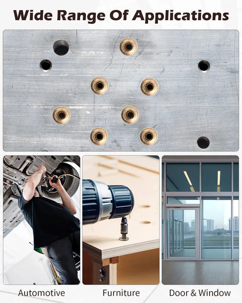 Beefy 50 Pack Multi Grip Rivet Nut Kit with 5/16-18 steel rivet nuts used in auto, furniture, and door applications