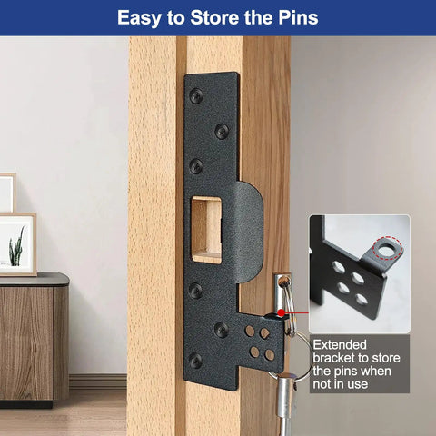 Heavy Duty Security Strike Plate With Integrated Anti Kick Barricade Pins For Badass Front Door Reinforcement And Double Layer Home Protection That Locks Everything Down Tight on wooden door with stored pins.
