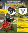 Knockout Heavy Duty Electric Drain Auger With 75 Foot Steel Core Cable features universal wheels and reinforced frame for easy use.