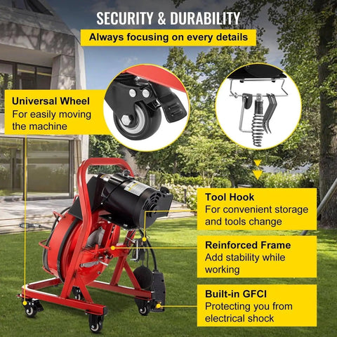 Knockout Heavy Duty Electric Drain Auger With 75 Foot Steel Core Cable features universal wheels and reinforced frame for easy use.