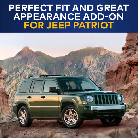 Jeep Patriot in mountain landscape with Jeep Patriot And Compass Seven Inch Antenna Mast Upgrade For 2007 To 2017 Models.