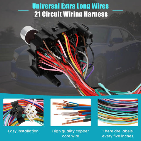 21 Circuit Wiring Harness Kit With Extra Long Wires And 17 Fuses For GM Chevy Chrysler Dodge Ford Mopar