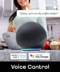 Voice control demonstration in kitchen with smart speaker, compatible with Alexa and Google, for WiFi Smart Wall Outlet Two Pack With App Control, Plug And Play Setup, Works With Alexa And Google Home, In Wall Dual Outlet For Remote Power, No Hub Needed, Great For Living Room Kitchen And Bedroom.