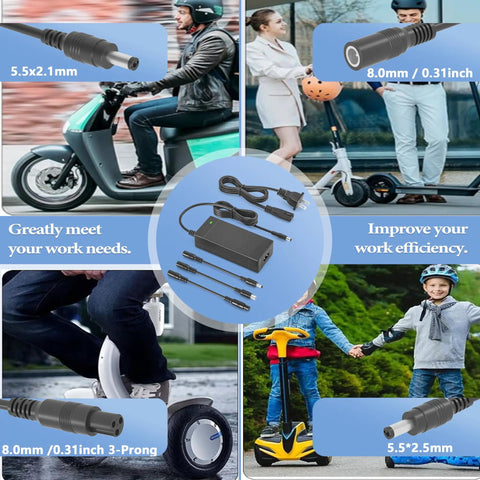 Versatile 42V 2A Scooter Charger With Four Tips For Your Rides 5.5x2.1mm, 5.5x2.5mm, 8mm 3 Prong And RCA Universal Battery Charger display