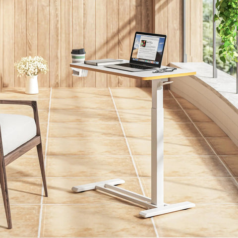 Overbed Table With Pneumatic Lift, Adjustable Height 26 To 41.7 Inches, Hidden Casters, Mobile Laptop Desk With Tray, White Finish