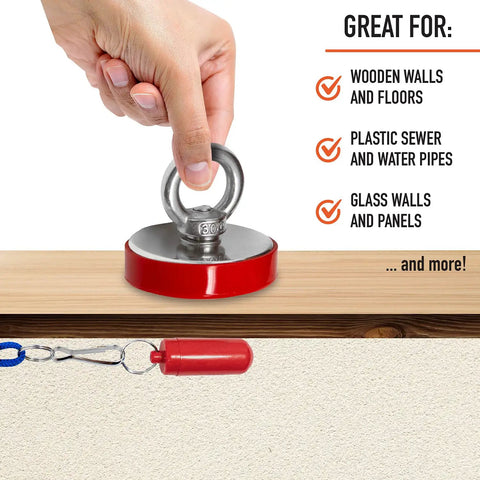 Magnetic Wire Pulling Kit With Changeable Metal And Magnetic Leaders For Easy Wall Wiring Through Insulation No Drilling Needed Only Half Inch Hole Guide shown with magnet in hand and list of surfaces.