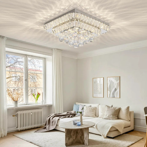20 Inch Crystal Ceiling Light Flush Mount With Remote Control 3 Color Temperatures And Brightness Adjustable Showstopper Modern Raindrop Crystal Chandeliers For Bedroom Hallway Dining And Living Rooms Square in modern living room