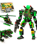 Robot Army Buildable Mech Soldier Toy Set With Glow In The Dark Parts, 398-piece plastic kit shown with robot, helicopter, and dino