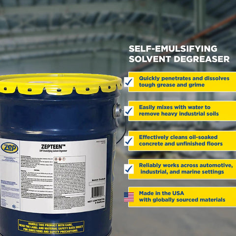 Self Emulsifying Solvent Degreaser For Heavy Grease And Grime Cleanup, 5 Gallon Industrial Degreaser in blue container