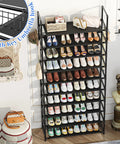 Tall 40-Pair Shoe Rack Organizer, 10-Tier Shelf For Entryway Closet filled with various shoes, large capacity black storage unit.