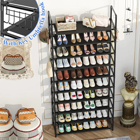 Tall 40-Pair Shoe Rack Organizer, 10-Tier Shelf For Entryway Closet filled with various shoes, large capacity black storage unit.