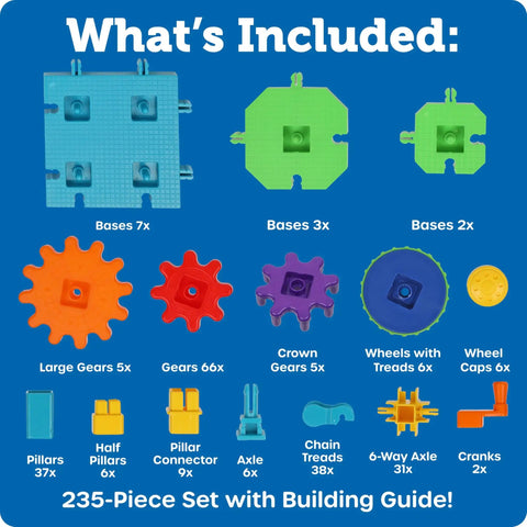 Learning Resources Gears Gears Gears Mega Builds Kid Friendly Building Toy Set with 235 colorful interlocking pieces shown.