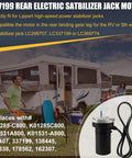 Rear RV Electric Stabilizer Jack Motor Replacement for Lippert Systems Easy Direct Wire Fit shown with trailer camping scene