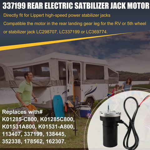 Rear RV Electric Stabilizer Jack Motor Replacement for Lippert Systems Easy Direct Wire Fit shown with trailer camping scene