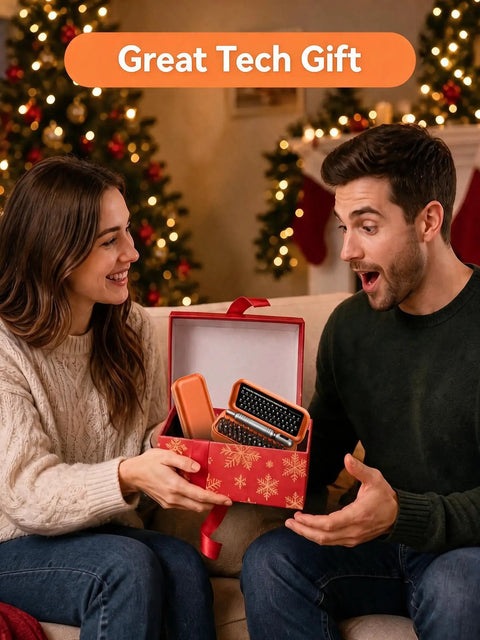 Couple excitedly unveiling the Knockout Precision Screwdriver Set Features Fifty Five Mini Bits Including Phillips Torx And Pentalobe for tech repairs.