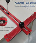 5-In-1 T Square Ruler 24 Inch Portable Drill Alignment Tool for precise hole punching with red body and metric scale.