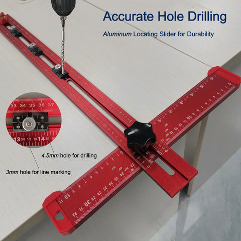 5-In-1 T Square Ruler 24 Inch Portable Drill Alignment Tool for precise hole punching with red body and metric scale.