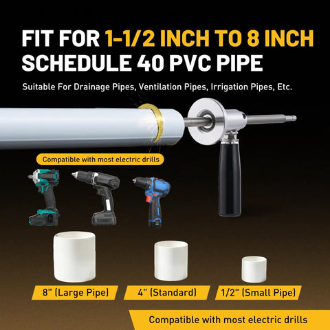 Pipe Cutter Tool With Diamond Grit Wheel And Handle For Inside Pipes Heavy Duty Pro Grade Stainless Steel Plumbing Hose Cutter For PVC ABS And Plastic Drill Use Half Inch To Eight Inch Pipes Seven Inch Adjustable Cutting Depth image showing tool and compatible pipe sizes.
