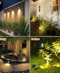 Metal Solar Spot Lights Outdoor With 9.8ft Cable illuminating garden, wall, walkway, and bushes at night, showcasing lighting versatility.