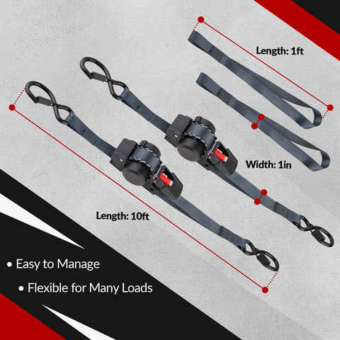 2 Pack Self Retracting Ratchet Tie Downs 1 Inch Wide 10 Feet Long With Auto Rewind 1200 Pound Break Strength No Loose Ends