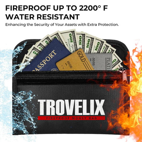 Fireproof money bag with cash, passport, and cards inside, showing flames and water, TROVELIX branding visible.