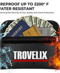 Fireproof bag filled with cash, passport, and documents, labeled Trovelix. Fire and water graphics, "Fireproof up to 2200°F."
