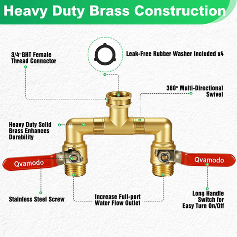 360 Degree Rotating Garden Hose Splitter With Independent Valves, 3/4 Inch GHT Brass High Flow Splitter, Heavy Duty Faucet Attachment For Outdoor Yard, Swivel Heads For Easy Hose Management; 3/4" female GHT brass swivel with valves