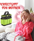 Child gifting mother a Durable Garden Tool Tote With Waterproof Plastic Base, Eight Pocket Oxford Caddy, perfect Mother's Day gift.