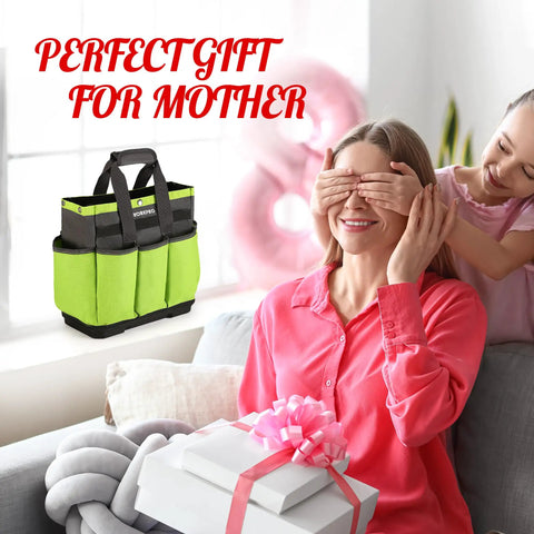 Child gifting mother a Durable Garden Tool Tote With Waterproof Plastic Base, Eight Pocket Oxford Caddy, perfect Mother's Day gift.