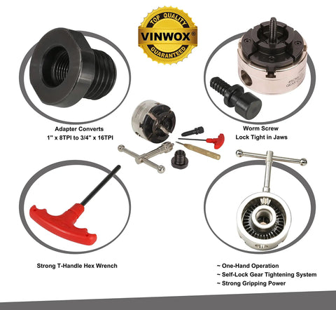 3-3/4 Inch 4-Jaw Self-Centering Wood Lathe Chuck With 2 Inch Round Jaw, 1x8TPI To 3/4x16TPI Adapter, Screw Chuck, Tightening Key