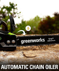 Smooth Operator 40 Volt Cordless Electric Chainsaw With 14 Inch Guide Bar And Brushless Motor Tool Only showing automatic chain oiler detail.